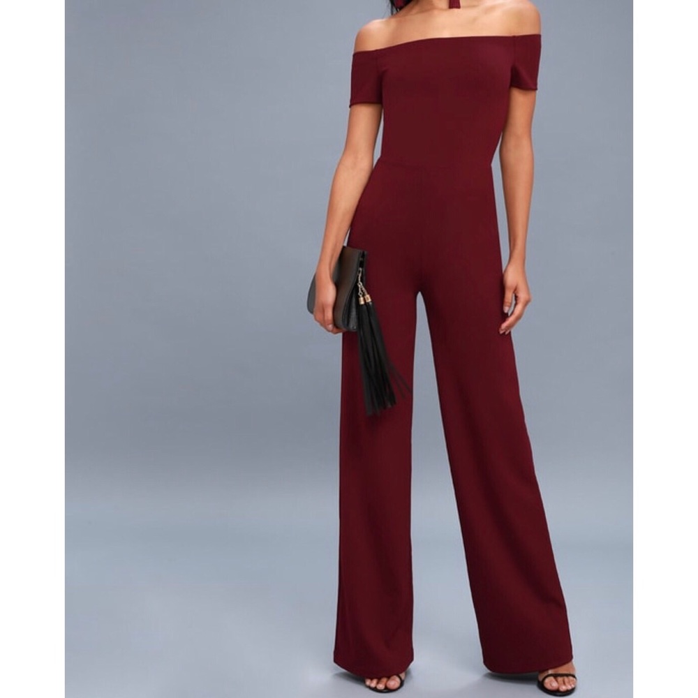 Lulus ALLEYOOP BURGUNDY OFF-THE-SHOULDER JUMPSUIT